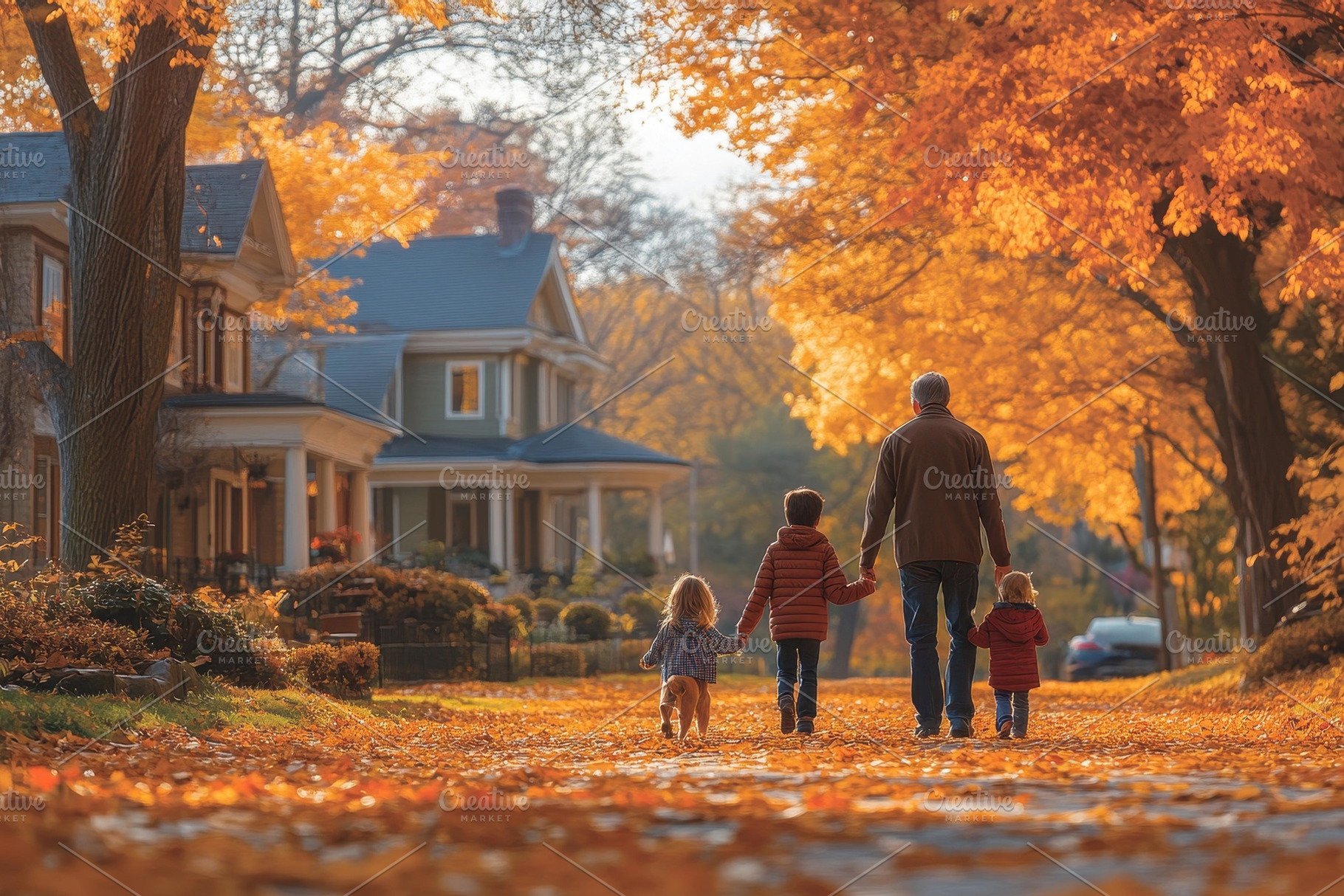 Family enjoys a leisurely autumn str, a Photo by Tanuart
