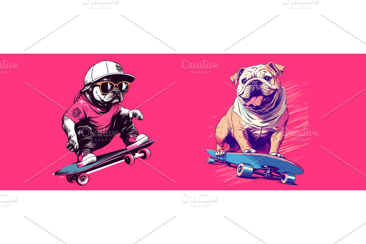 Skateboarding Bulldog and Child in, an Illustration by ZinetroN