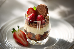 Glass of gourmet strawberry dessert presenting layers of mousse,, a Photo by Studio ANNA