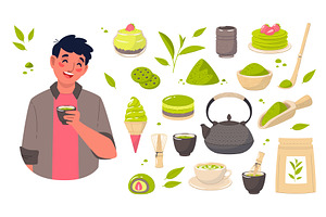 Matcha tea products. Leaves and, a Food Illustration by YummyBuum