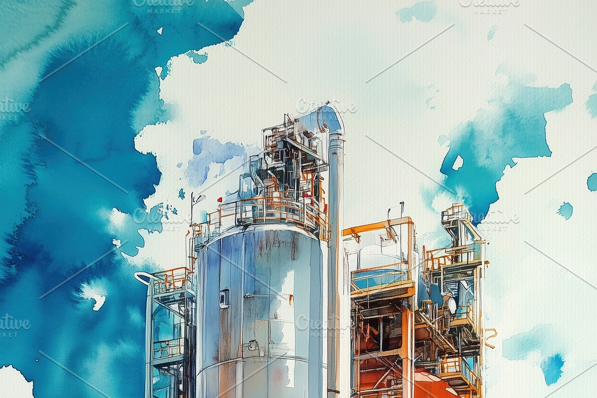 A large industrial facility featuring towering silos and complex machinery, set, a Technology Illustration by Textures & Backgrounds