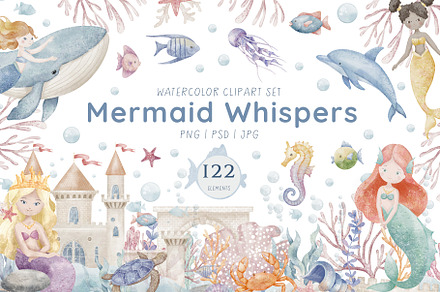 Mermaids watercolor clipart for kids