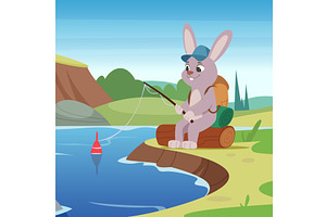 Fishing. rabbit outdoor fishing in, an Animal Illustration by Onyx