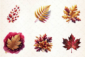 Burgundy And Gold Watercolor Leaves