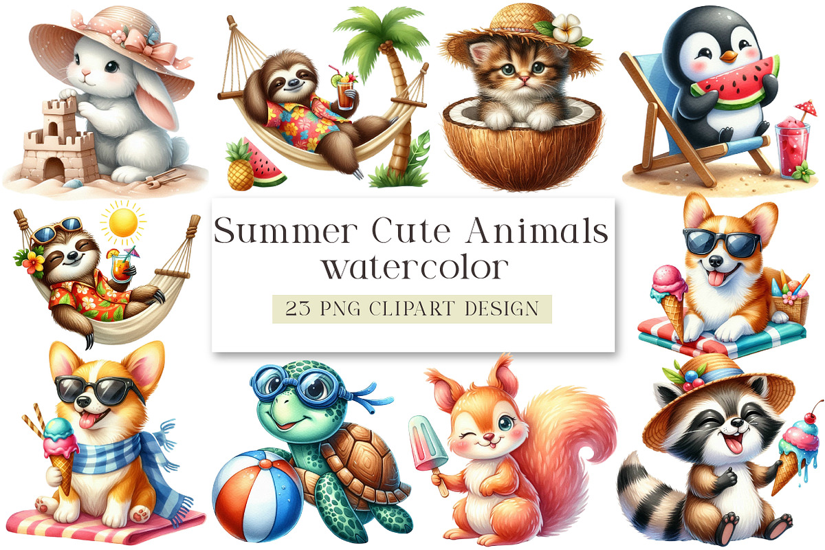 Summer Cute Animals Clipart, a Seasonal Illustration by DreamArtGraphic (Photo 1 of 4)