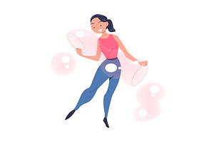 Happy Woman Performing Soap Bubble, a Person Illustration by TopVectors