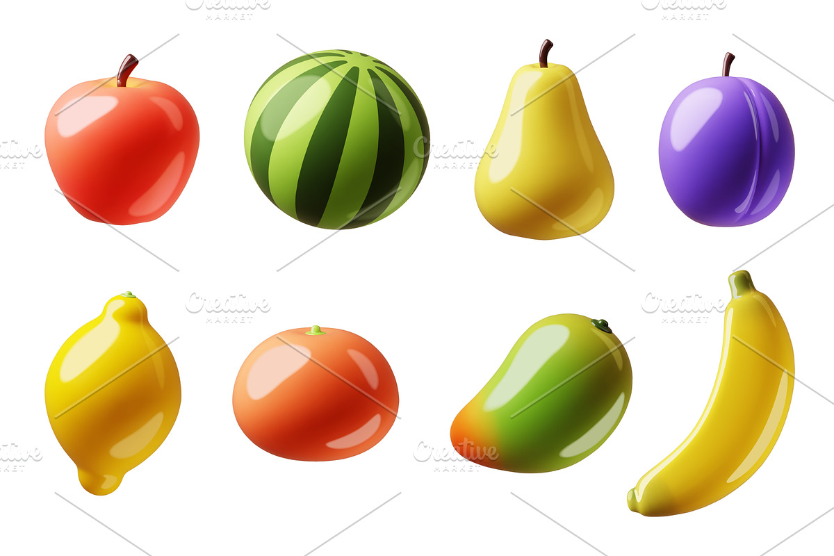Cartoon 3d fruits. Juicy glossy, a Food Illustration by YummyBuum