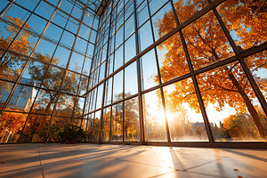 Bright glass greenhouse in autumn orchard with vibrant fall foliage and warm su, a Photo by AlyaAnd