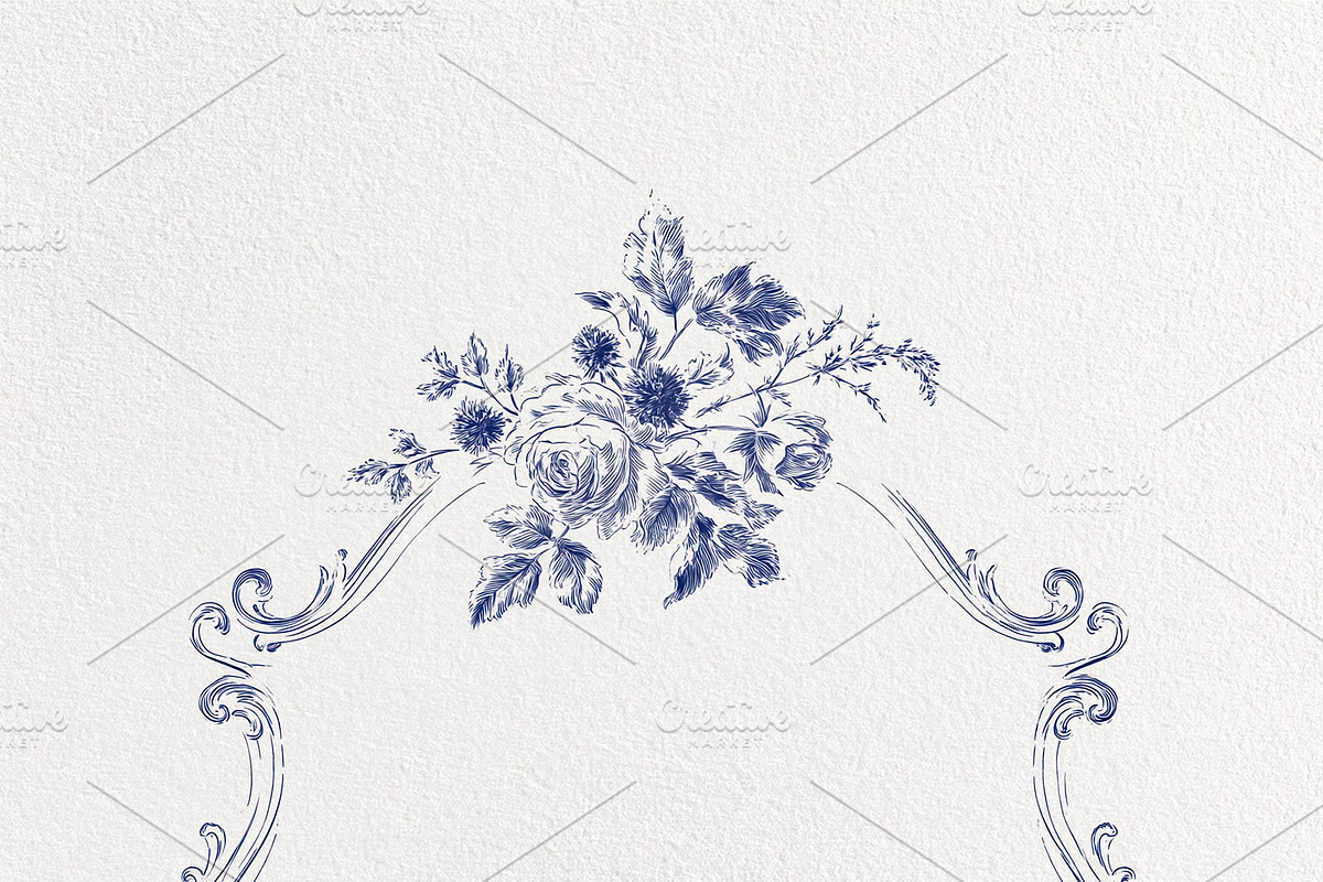 Ornate rococo style frame with a delicate floral bouquet at the, an Illustration by Studio ANNA