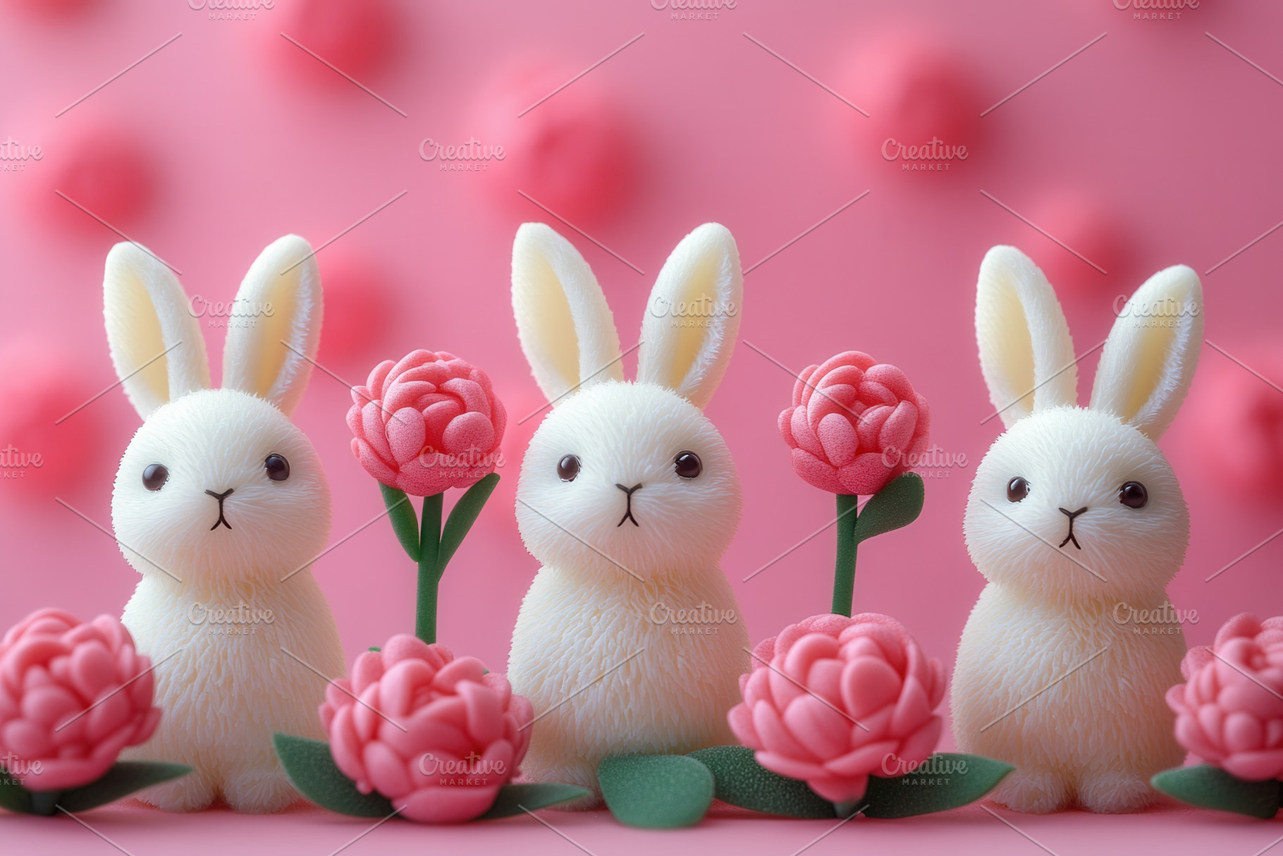 Cute white bunnies surrounded by pin, a Photo by Tanuart