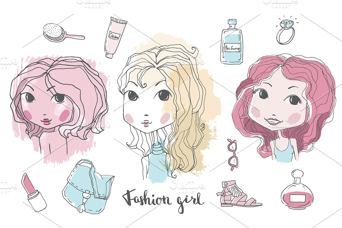 Cute Fashion Girls Set, an Illustration by Moo Graphics (Photo 1 of 3)