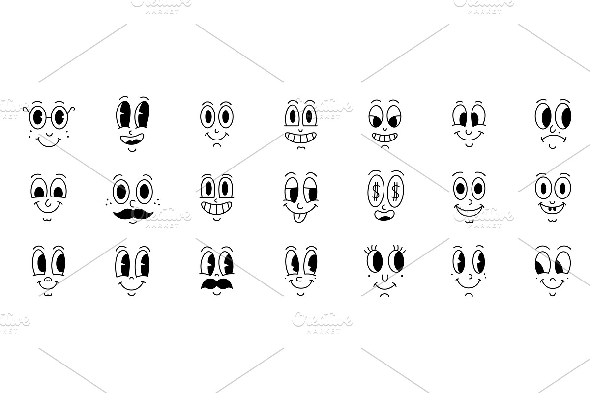 Set of 18 cute cartoon comic faces, an Object Illustration by GraphiShop