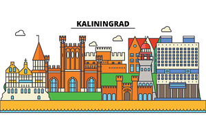 Russia, Kaliningrad, Prussia. City Skyline, Architecture, Buildings, Streets, Silhouette, Landscape, Panorama, Landmarks. Editable Strokes. Flat Desig