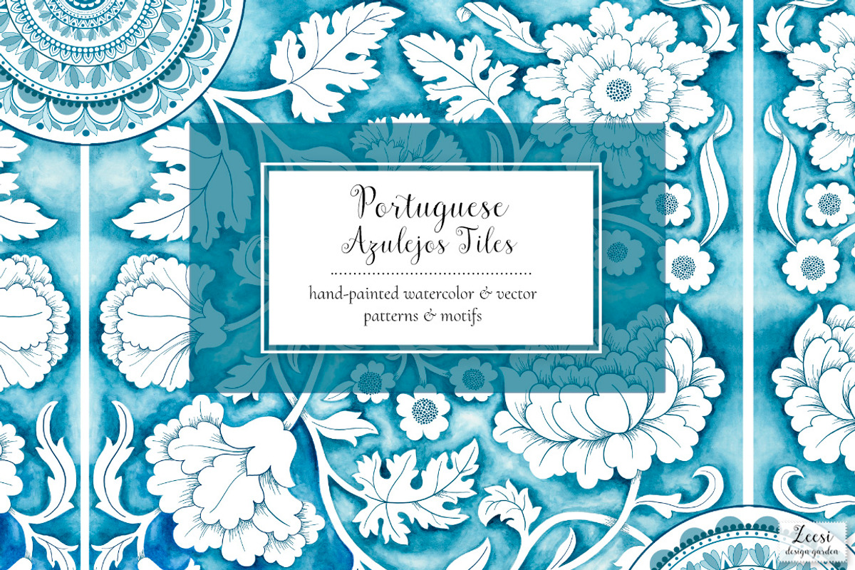 Watercolor Portuguese Tiles Patterns, a Pattern Graphic by Zeesi Design Garden (Photo 1 of 8)