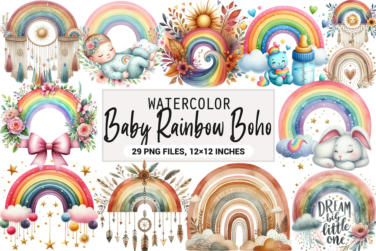 Baby Rainbow Boho Clipart, an Illustration by DreamArtGraphic (Photo 1 of 7)