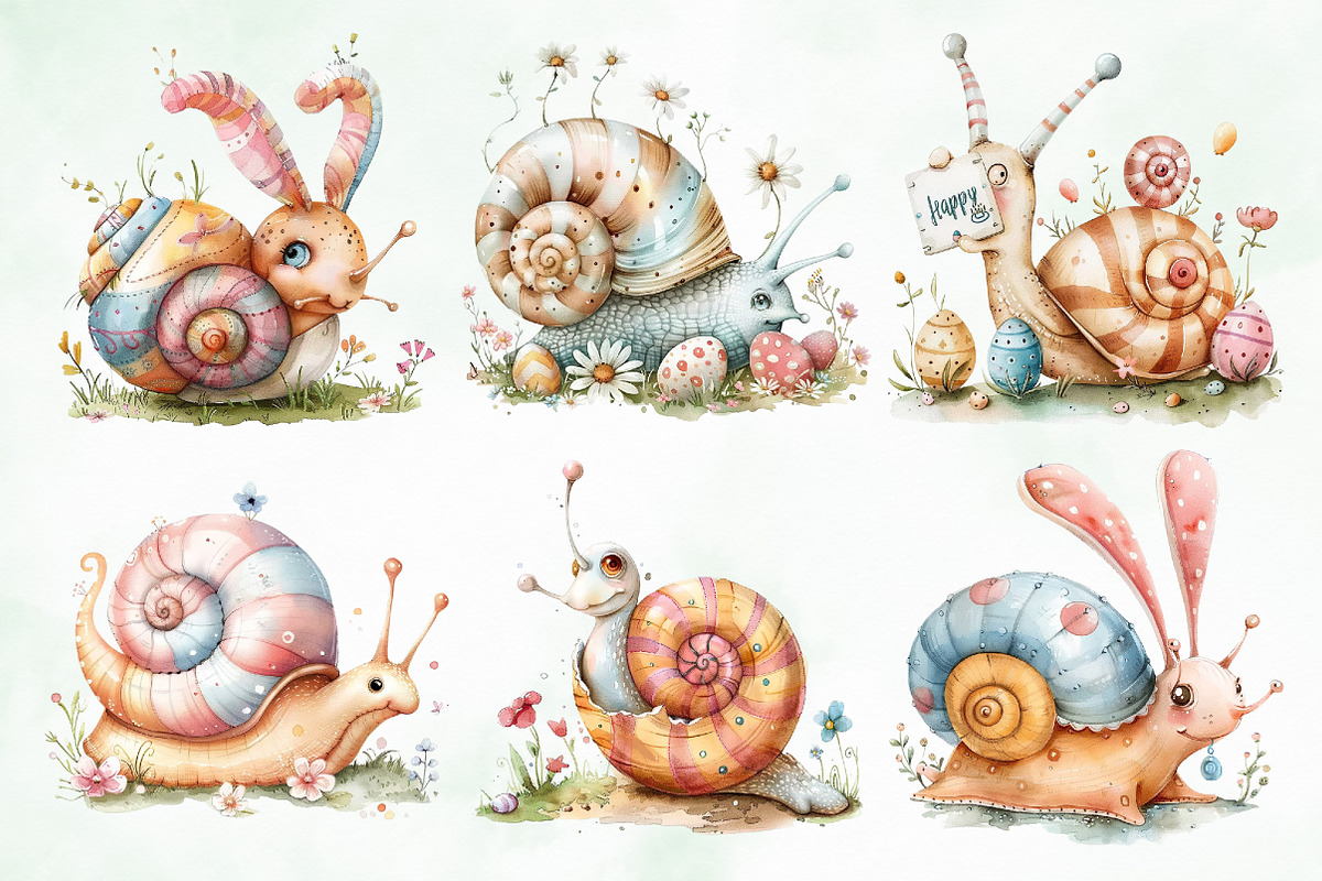Watercolor Easter Cute Snail Clipart, an Illustration by Creative Art (Photo 4 of 7)