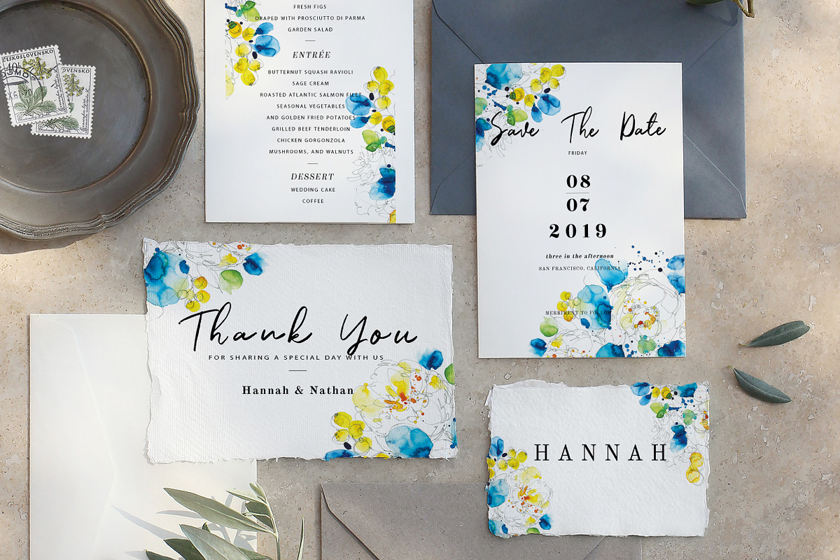 watercolor white flower wedding card, a Card Template by TurquoiseDesign (Photo 1 of 7)
