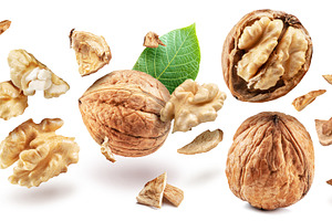 Whole walnuts and walnut kernels levitating in air on white back, a Food & Drink Photo by Volff