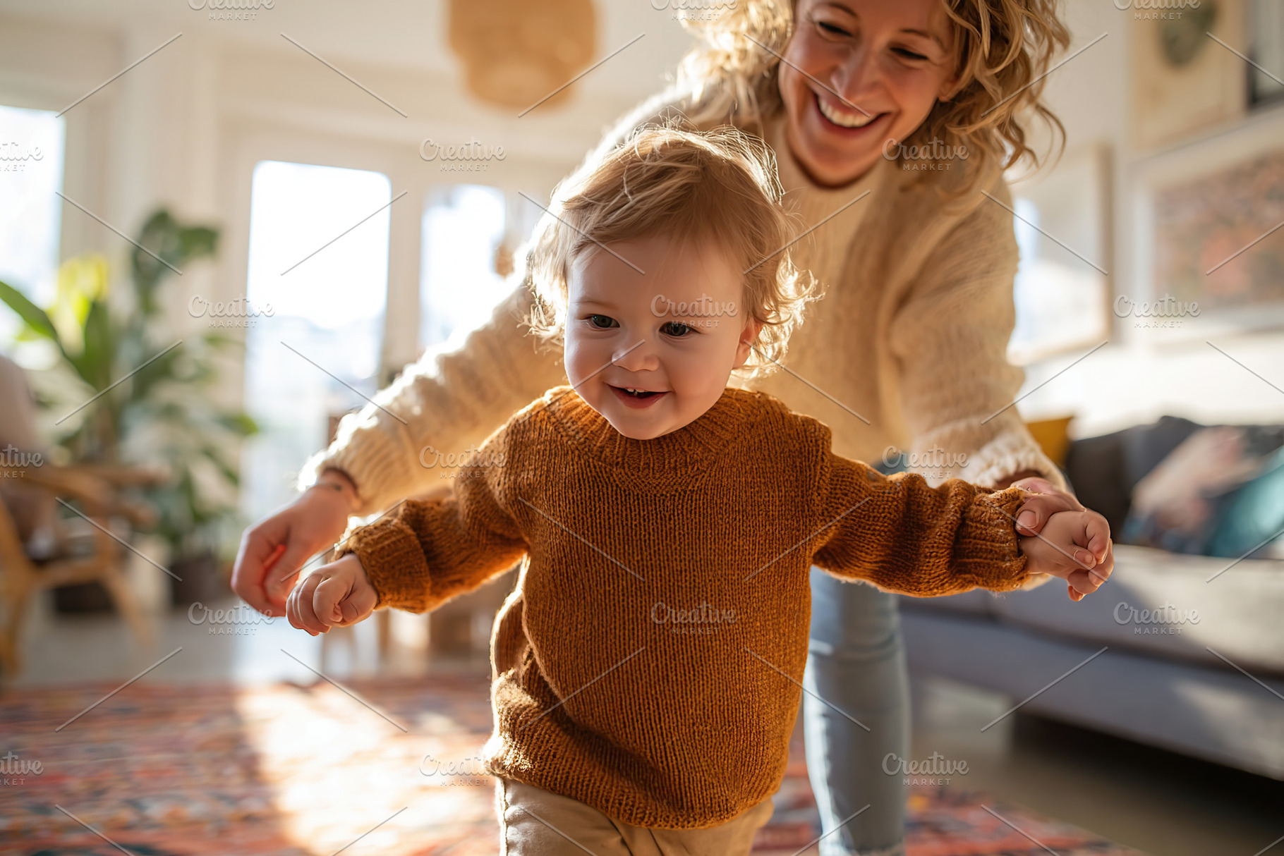 Young mother supports toddler with first steps in cozy living room during sunny, a Person Photo by AlyaAnd