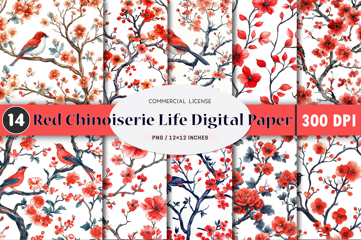 Red Chinoiserie Life Digital Paper, a Pattern Graphic by SinaCreation (Photo 1 of 5)