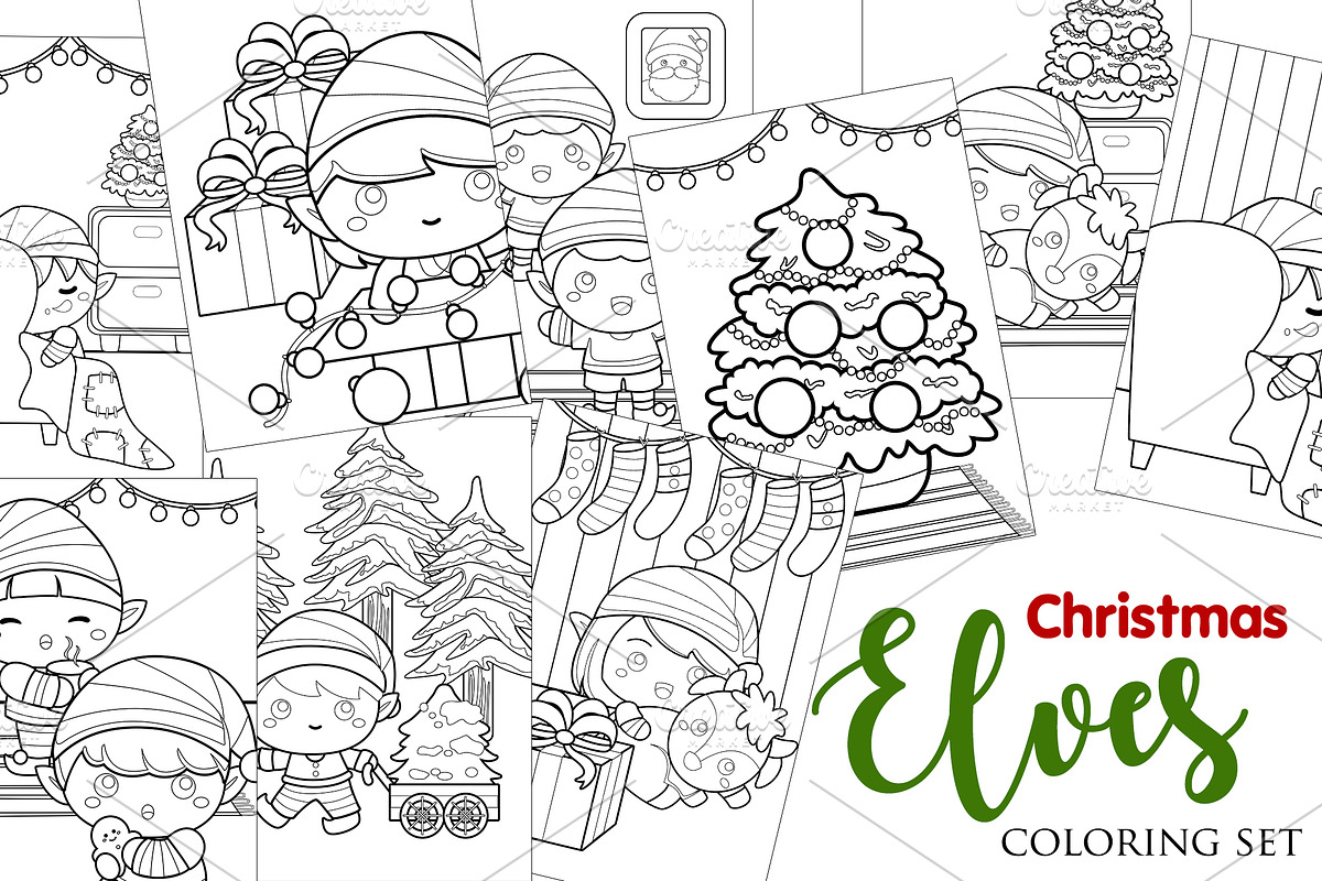 Cute Christmas Elf Coloring Set, a Decorative Illustration by Peekadillie Art (Photo 1 of 3)