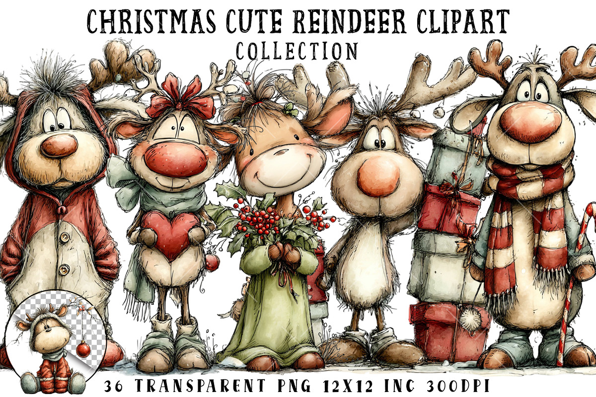 Christmas Cute Reindeer Clipart, an Illustration by OK Design (Photo 1 of 6)