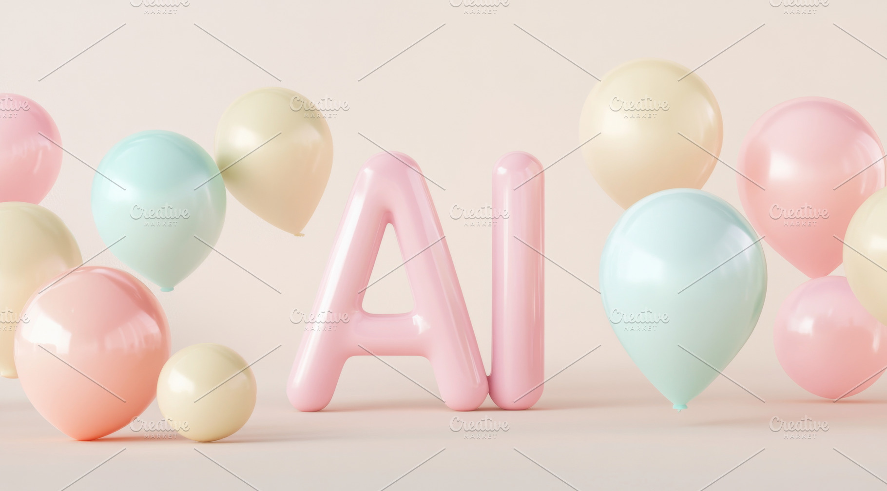 Pastel balloons surrounding AI letters on light background, suit, a Photo by Dvoevnore photos
