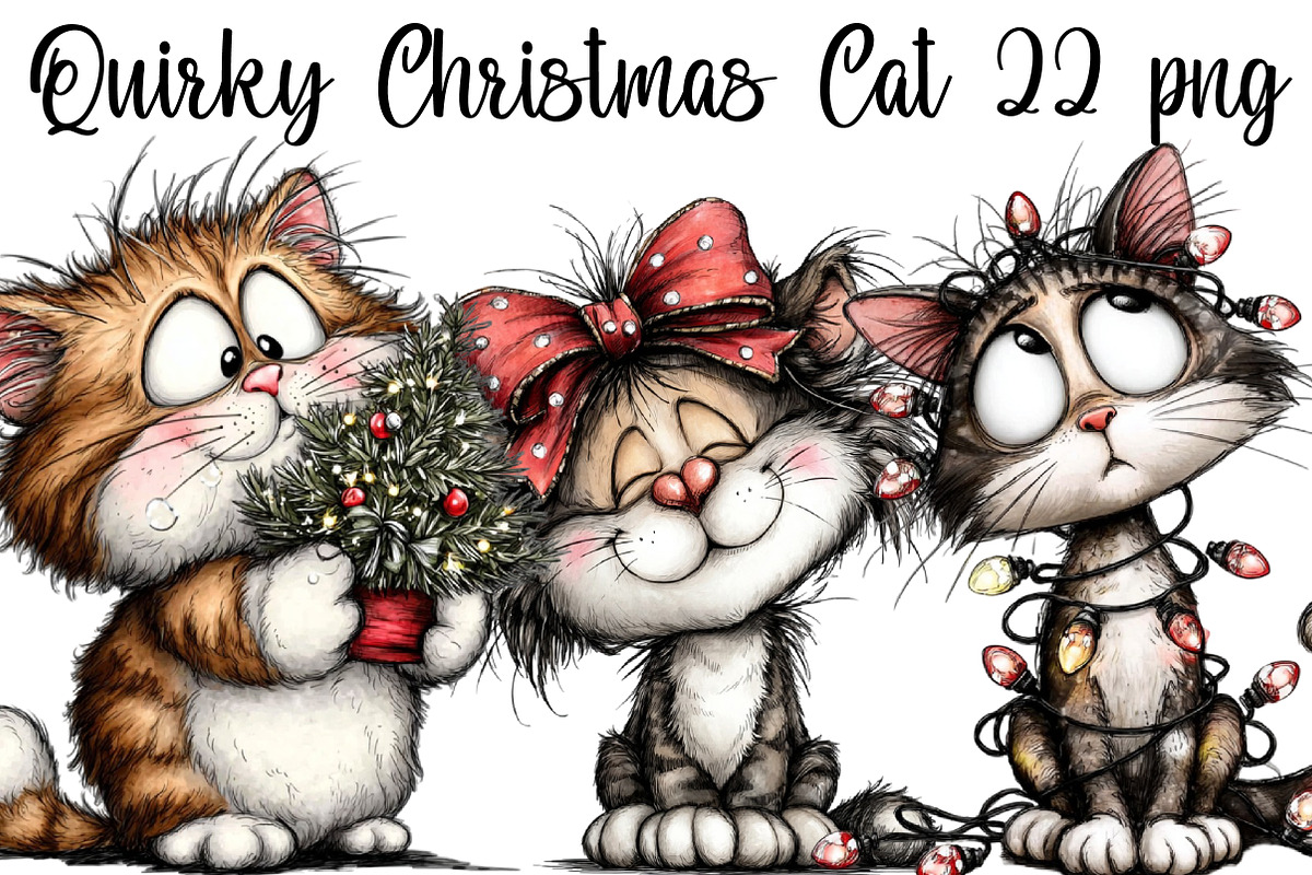 Quirky Christmas Cat Clipart, an Illustration by DreamArtGraphic (Photo 1 of 4)