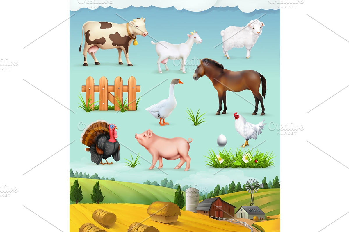 Farm pets, animals and birds, vector