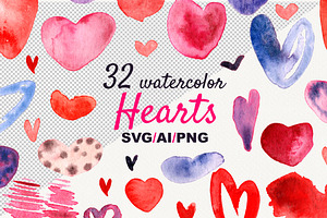 32 watercolor Hearts PNG,SVG,AI, a Seasonal Illustration by ZinchArt