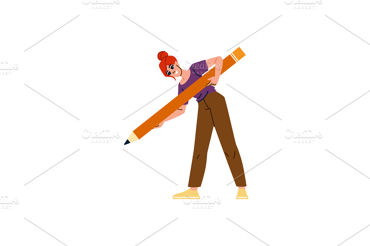 Female designer holding big pencil, an Illustration by pikepicture