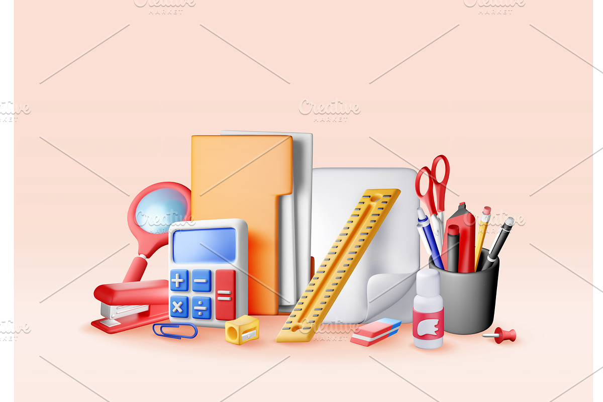 3d set of office stationery elements, an Education Illustration by Abscent
