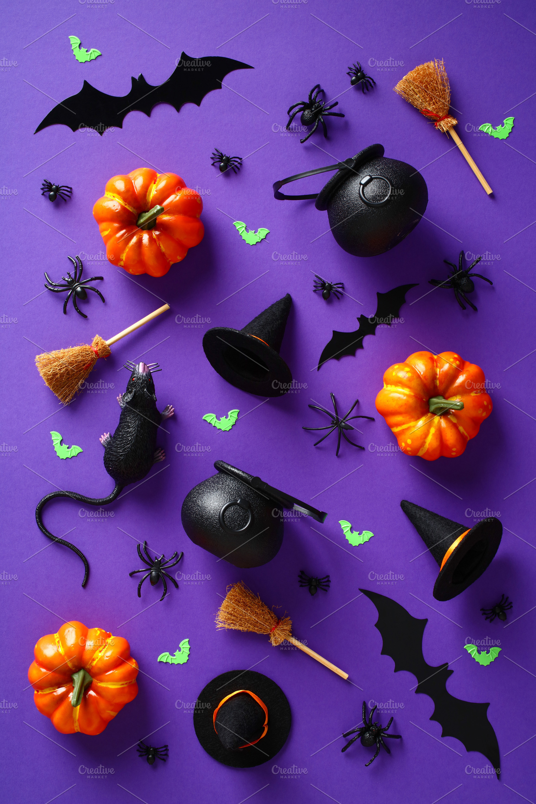 Happy Halloween holiday concept. Pattern made of Halloween decorations, pumpkin, a Holiday Photo by photoguns