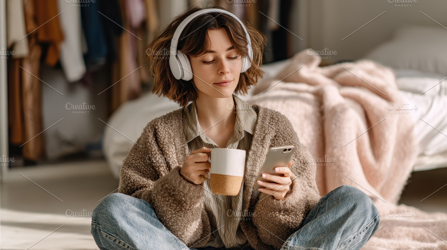 Woman relaxes at home listening to m, a Photo by Pixeness Studio
