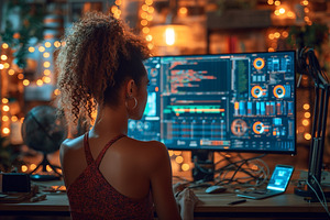 A young woman of mixed ethnicity works intently at her computer, surrounded by, a Person Photo by ImageMir