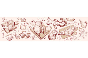 Raw meat piece with vegetable sketch, a Food Illustration by art PVP - market