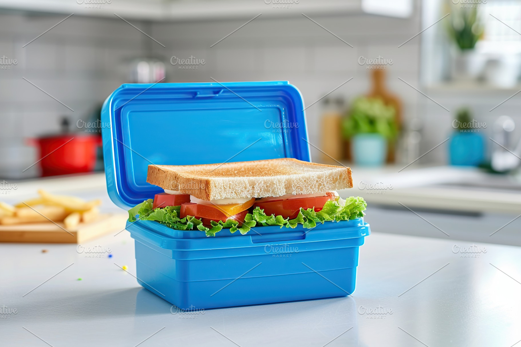 School lunch box with tasty sandwiches on kitchen table, a Food & Drink Photo by AlyaAnd