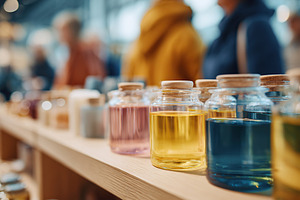 Colorful bottles of natural oils displayed at a market during a sunny afternoon, a Photo by AlyaAnd