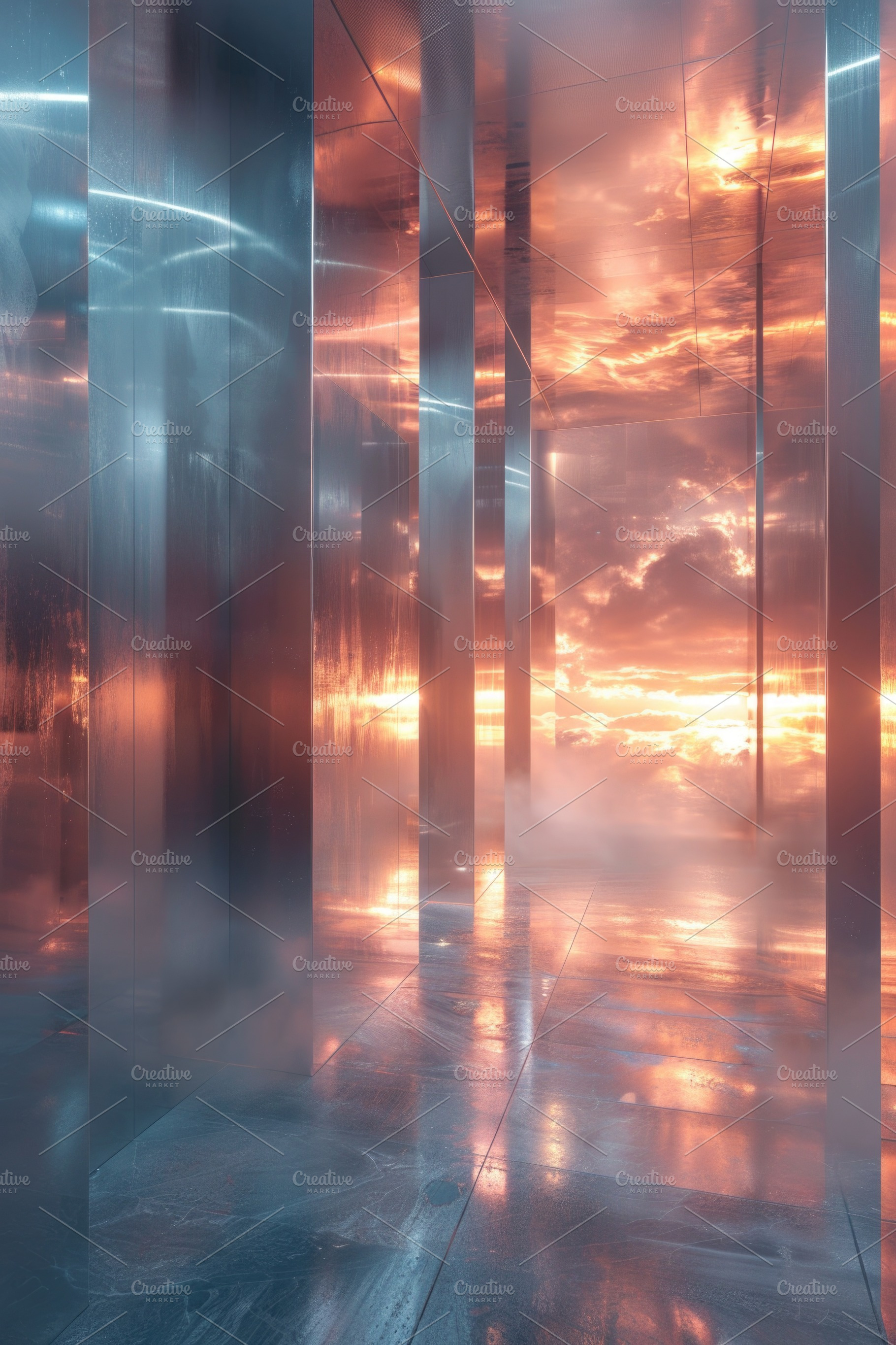 Futuristic Reflective Interior with Sunset Light and Metallic Co, an Abstract Photo by José Manuel Gelpi