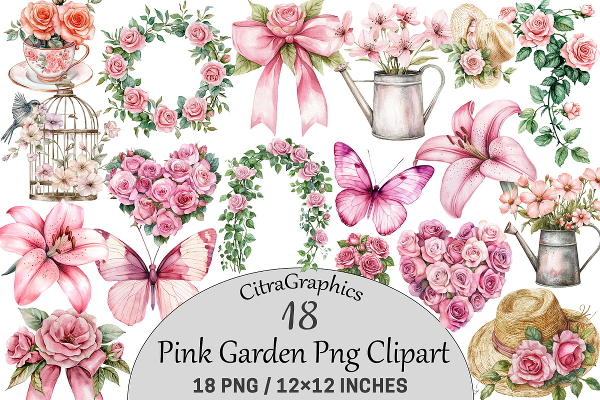 Pink Garden Watercolor Clipart, an Illustration by CitraGraphics (Photo 1 of 5)