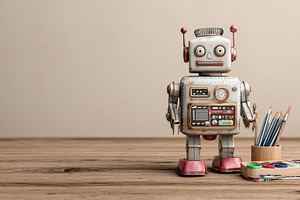 Vintage toy robot standing on wooden table with colored pencils, an Animal Photo by Ales Munt