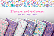 Flowers and Unicorns Patterns, a Pattern Graphic by Nataliia Toporovska (Thumbnail 2 of 12)