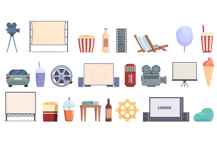 Summer cinema icons set cartoon, an Illustration by Ylivdesign