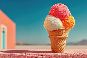 Colorful ice cream cone on sunny background, summer dessert conc, a Food & Drink Photo by José Manuel Gelpi