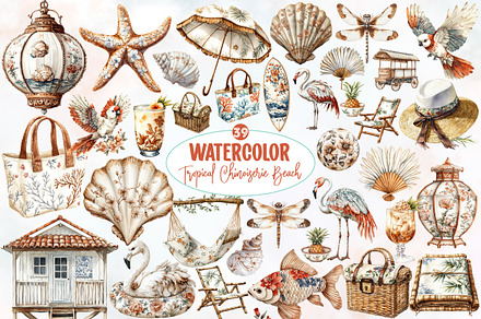 Tropical Chinoiserie Beach Clipart, a Seasonal Illustration by Designworld