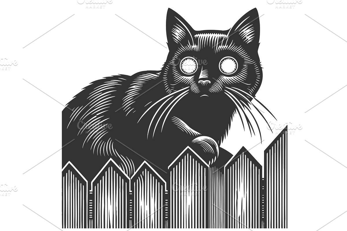 black cat on fence at night vector, an Animal Illustration by AlexArt