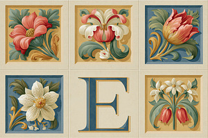 Vintage floral decorative tiles with elegant capital letter E, c, an Illustration by Studio ANNA
