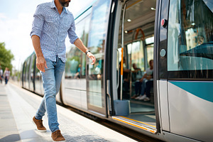 Man approaching tram at city station, a Transportation Photo by AlyaAnd