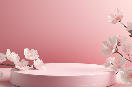 Fresh lush pink sakura flowers on branch with cylinder podium mockup in soft li, an Abstract Photo by Natalia Klenova's Shop