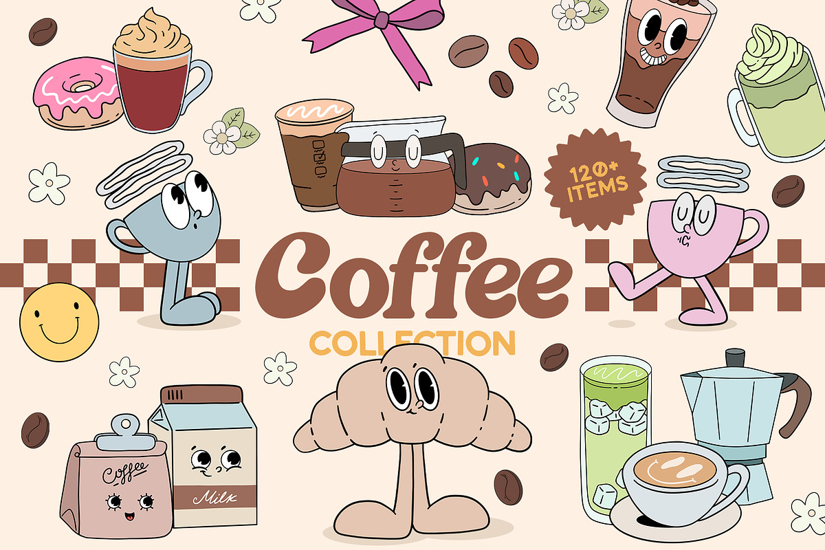 Groovy Coffee Characters Clipart, an Object Graphic by Alina Sh (Photo 1 of 8)